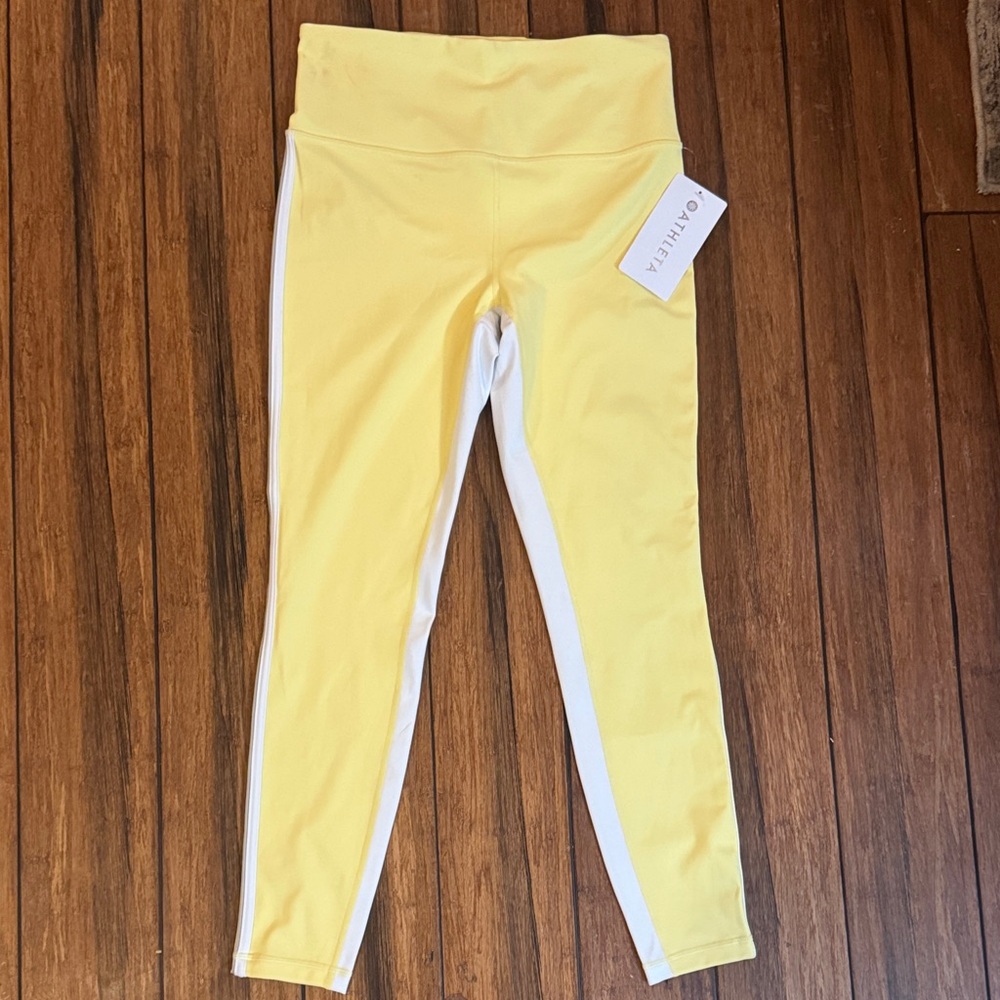 Athleta Ultra High Rise Elation Legging- Sunshine Yellow and White side panels.